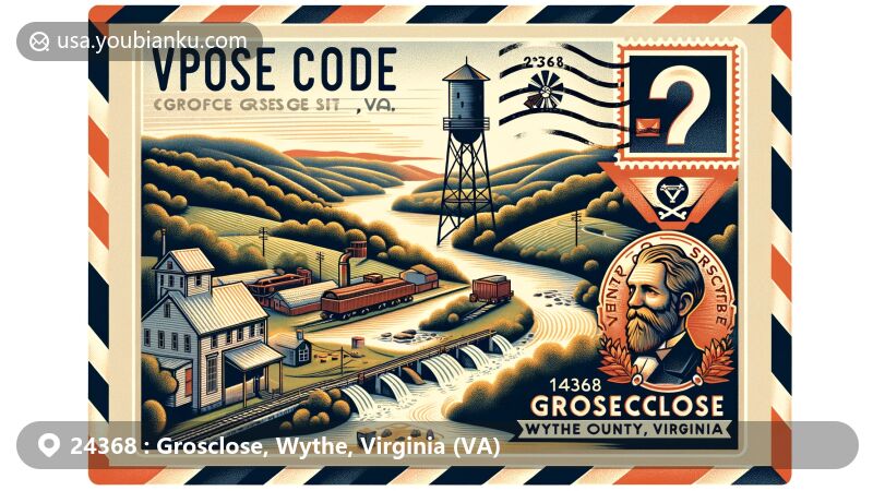 Modern illustration of Groseclose area, Wythe County, Virginia, featuring airmail envelope with ZIP code 24368, showcasing Jackson Ferry Shot Tower, New River, and Virginia state flag.