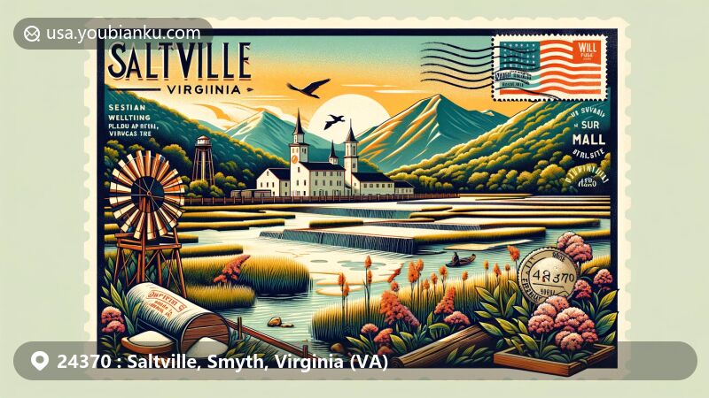 Modern illustration of Saltville area, Virginia, capturing iconic salt fields, Well Fields wetlands, and Appalachian Mountains, integrating nature and history. Features Virginia's state flag, postmark, and ZIP code 24370.