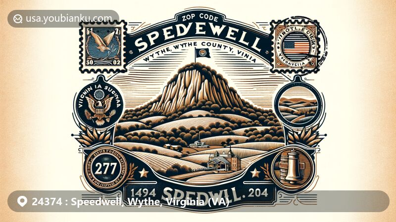 Modern illustration of Speedwell, Wythe, Virginia, with Cave Hill as the focal point, blending natural beauty with postal theme elements, including the Virginia state flag and ZIP code 24374, in a vintage postcard design.