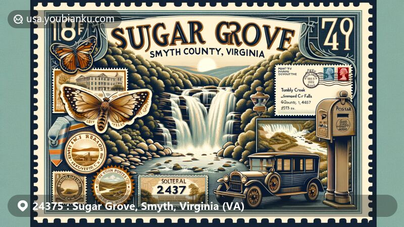 Creative illustration of Sugar Grove, Smyth County, Virginia, featuring Tumbling Creek Falls and vintage postal elements like stamps, ZIP code 24375, and a traditional mailbox, set against the backdrop of Virginia's rolling hills and the Appalachian Trail.