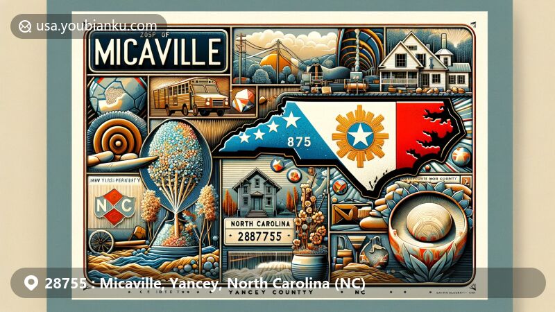 Contemporary illustration of Micaville, Yancey County, North Carolina, representing ZIP code 28755, featuring mica mining references, art gallery, historical landmarks, and North Carolina state symbols.