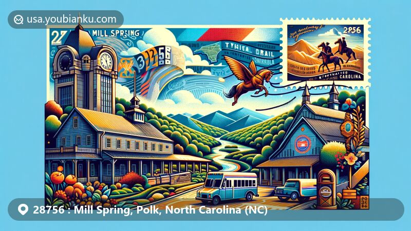 Modern illustration of Mill Spring, Polk County, North Carolina, showcasing postal theme with ZIP code 28756, featuring Blue Ridge Mountains, Tryon International Equestrian Center, and vintage postal elements.