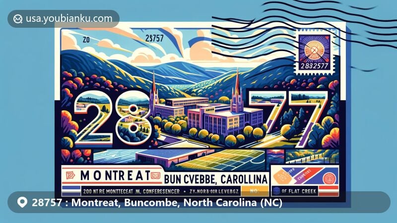 Modern illustration of Montreat, Buncombe County, North Carolina, celebrating ZIP code 28757, showcasing Montreat Conference Center, Montreat College, mountain vistas, and Flat Creek valley.