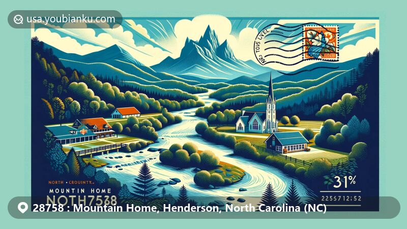 Modern illustration of Mountain Home, Henderson County, North Carolina, showcasing postal theme with ZIP code 28758, featuring Blue Ridge Mountains, Brightwater Farm, and St. Paul's Episcopal Church.