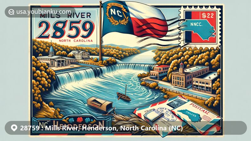 Postcard-style illustration of Mills River, Henderson County, North Carolina, showcasing confluence of Mills River and French Broad River, North Carolina state outline, vintage postage stamp with ZIP code 28759, and airmail envelope.