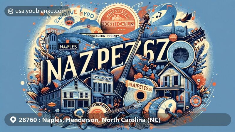 Modern illustration of Naples, Henderson County, North Carolina, showcasing postal theme with ZIP code 28760, featuring Flat Rock Historic District, Grey Hosiery Mill, and musical elements representing North Carolina's music heritage.