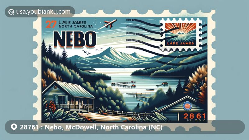Nebo, North Carolina illustration with Appalachian Mountains in the background, featuring a picturesque postcard or airmail envelope depicting Lake James and Lake James State Park, highlighting Nebo's name and ZIP code 28761.
