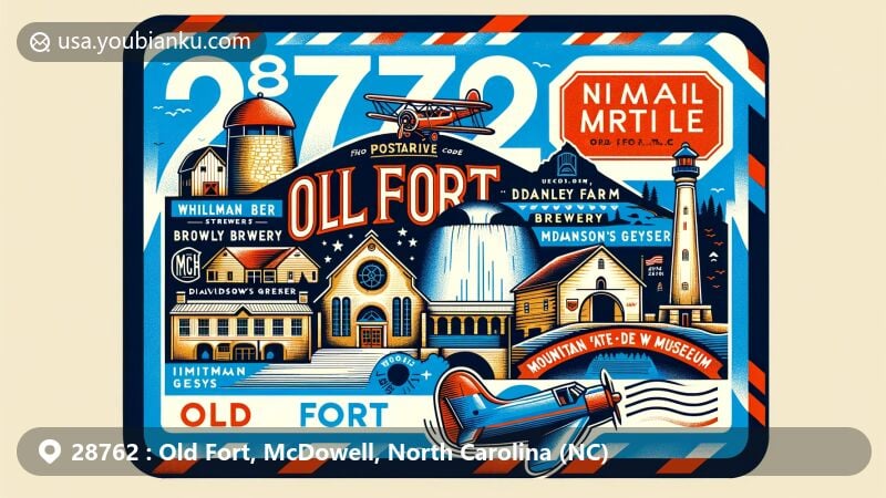 Artistic rendition of ZIP code 28762 in Old Fort, McDowell County, North Carolina, featuring iconic landmarks like Hillman Beer Brewery, Whaley Farm Brewery, Andrews Geyser, Davidson's Fort, Mountain Gateway Museum, and Catawba Falls.