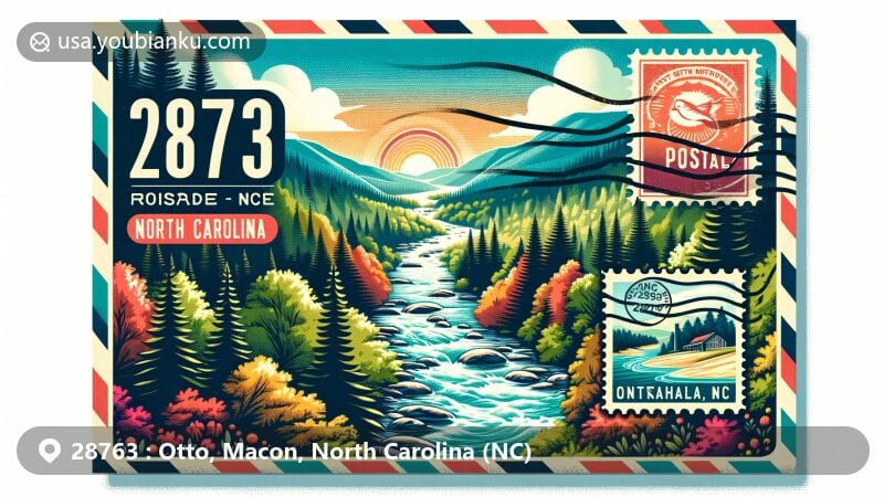 Vibrant illustration of Otto, North Carolina ZIP Code 28763, capturing scenic Appalachian Mountains and Nantahala River in a dense forest backdrop, with vintage postcard featuring postal theme.