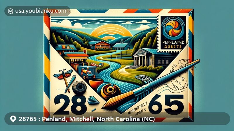 Modern illustration of Penland, Mitchell County, North Carolina with vintage-style airmail envelope featuring Penland School of Crafts and North Toe River, highlighting postal heritage.