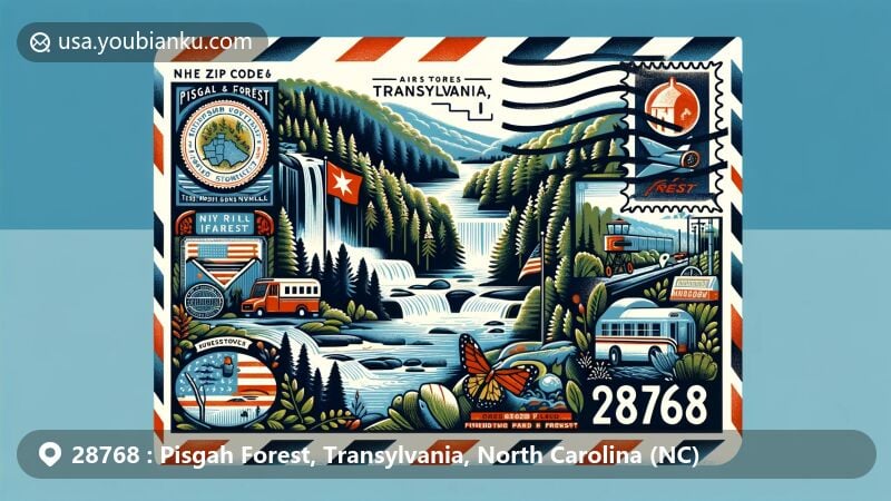 Modern illustration of Pisgah Forest, Transylvania County, North Carolina, highlighting airmail theme with landmarks like Pisgah National Forest, French Broad River, Blue Ridge Parkway, and local activities.