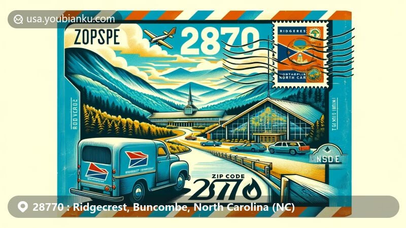 Modern illustration of Ridgecrest, Buncombe County, North Carolina, highlighting ZIP code 28770, featuring Ridgecrest Conference Center and Blue Ridge Mountains.
