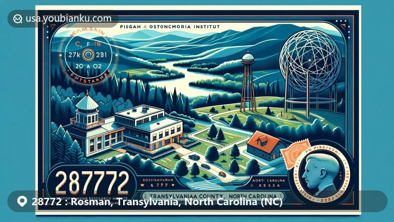 Modern illustration of Rosman, Transylvania County, North Carolina, featuring ZIP code 28772, showcasing Pisgah Astronomical Research Institute, origins of French Broad River, and Sassafras Mountain.