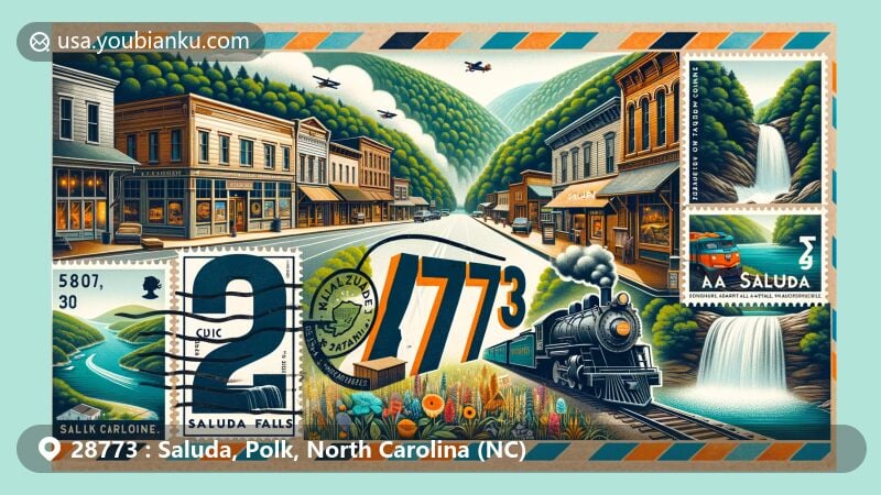 Modern illustration of Saluda, Polk County, North Carolina, highlighting ZIP code 28773 and town's historic buildings, galleries, and shops, along with Saluda Grade, Pearson's Falls, and key symbols like vintage trains and local wildlife.