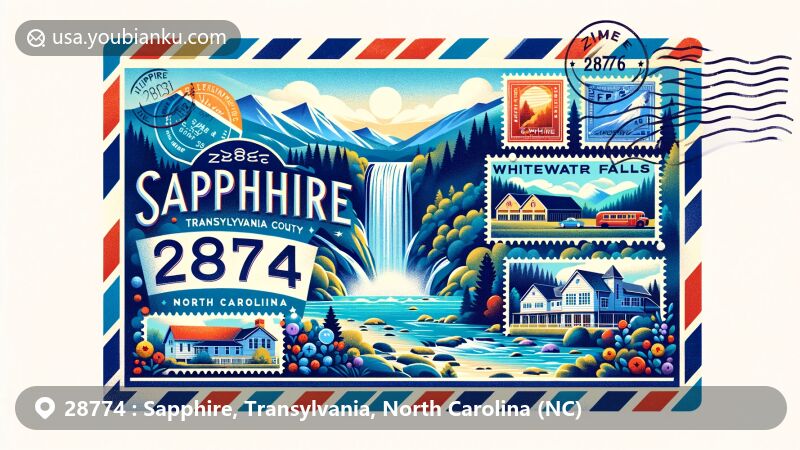 Modern illustration of Sapphire, Transylvania County, North Carolina, highlighting ZIP code 28774, showcasing Sapphire Valley Ski Resort and Whitewater Falls, capturing the area's natural beauty and popular ski activities.