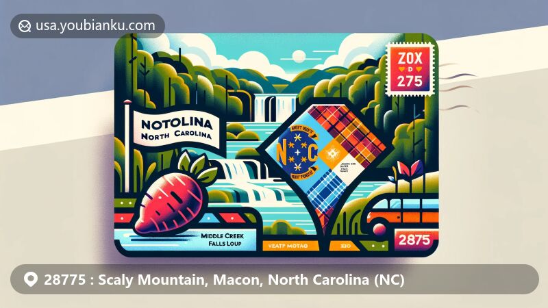 Modern illustration of Scaly Mountain, North Carolina, highlighting Middle Creek Falls Loop and postcard with NC state flag, sweet potato, and Carolina tartan, featuring ZIP code 28775, postal stamp, and postmark.