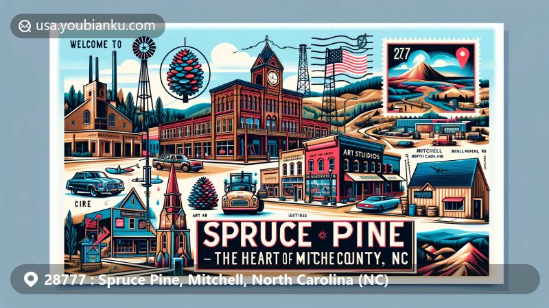 Vibrant illustration of Spruce Pine, North Carolina, capturing historic downtown buildings, art studios, mining landscapes, and the local ZIP code 28777.