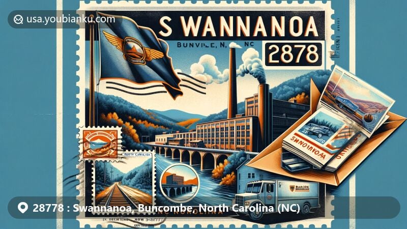 Vintage postcard illustration of Swannanoa, Buncombe, North Carolina, featuring Beacon Manufacturing Company and Swannanoa Tunnel, complemented by North Carolina state flag and Swannanoa Gap stamp, with prominent display of ZIP code 28778 and postal themes.