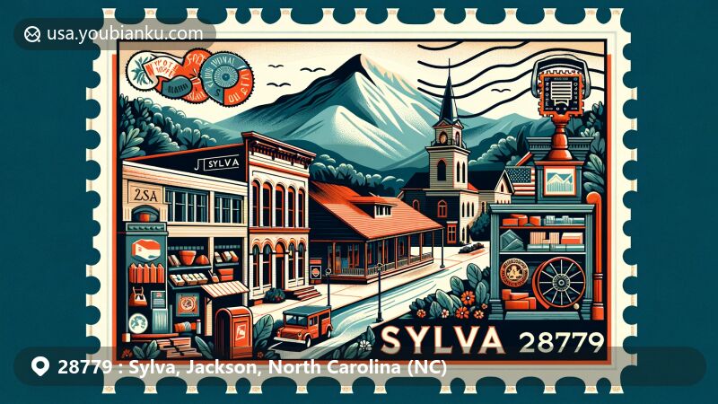 Vintage-style illustration of Sylva, Jackson County, North Carolina, showcasing historic buildings, Plott Balsam Mountains, and local arts reflecting Blue Ridge Craft Trail.