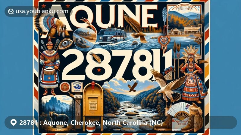 Modern illustration of Aquone, Cherokee County, North Carolina, featuring vintage airmail envelope with ZIP code 28781, showcasing Cherokee cultural elements and natural beauty.