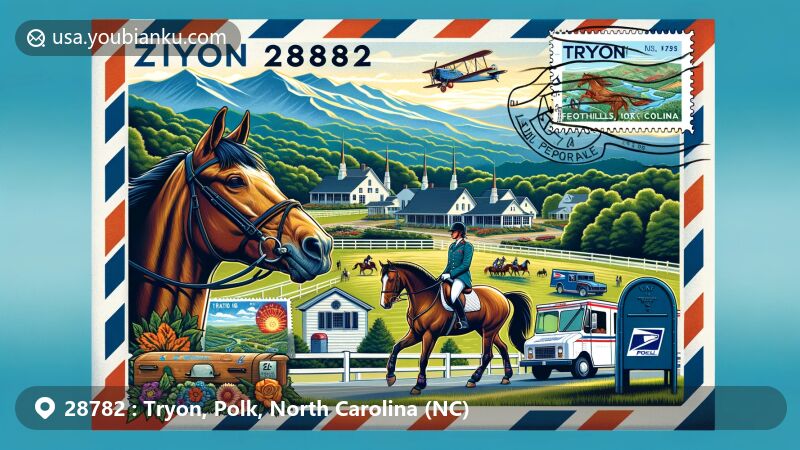 Vibrant illustration of Tryon, North Carolina with ZIP code 28782, showcasing equestrian heritage, arts, and history, featuring Foothills Equestrian Nature Center horse show and Blue Ridge Mountains.