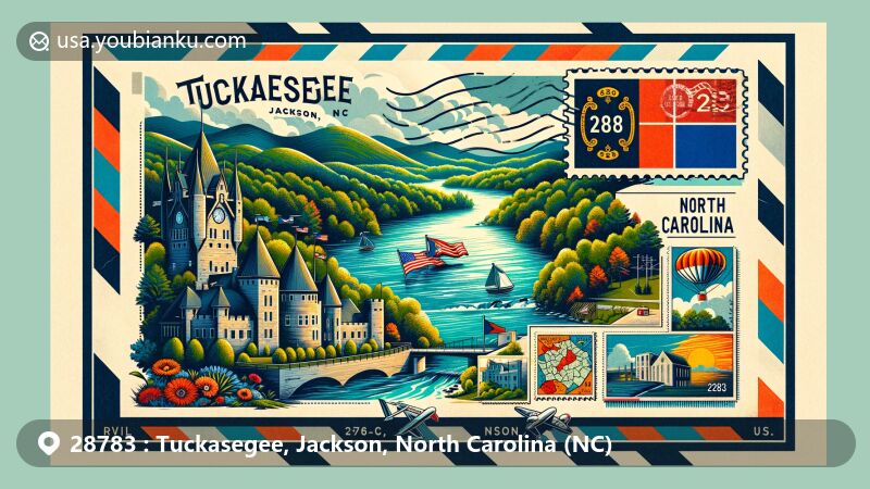 Modern illustration of Tuckasegee, Jackson, North Carolina, showcasing postal theme with ZIP code 28783, featuring Tuckasegee River, Castle Ladyhawke, and North Carolina state symbols.