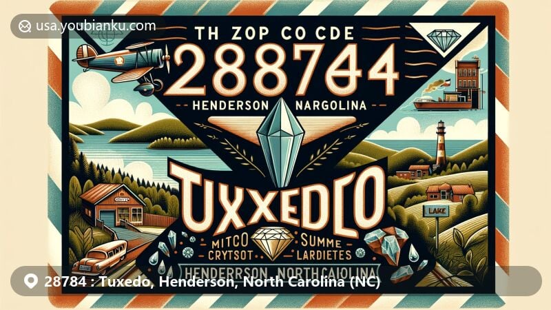 Modern illustration of Tuxedo, Henderson, North Carolina, featuring vintage airmail envelope with ZIP code 28784, showcasing Camp Arrowhead, Lake Summit, and zircon crystals.