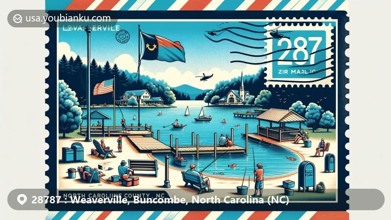 Modern illustration of Weaverville, Buncombe, North Carolina, showcasing Lake Louise park with locals fishing and enjoying the scenery, featuring play area, picnic spots, exercise areas, and walking path on a summer day.