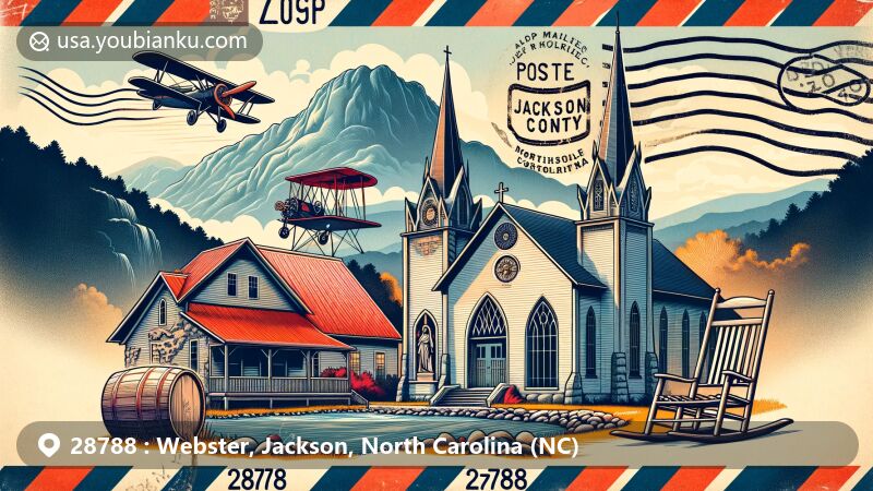 Modern illustration of ZIP code 28788, Webster, Jackson County, North Carolina, featuring landmarks like Webster United Methodist Church, rocking chair monument, and Tuckasegee River, set against Blue Ridge Mountains.