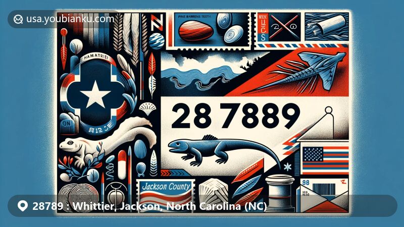 Modern illustration of Whittier, Jackson County, North Carolina, representing ZIP code 28789 with state symbols, postal elements, and vibrant design.