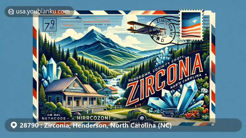 Modern illustration of Zirconia, Henderson County, North Carolina, reminiscent of an air mail envelope or postcard, highlighting Blue Ridge Mountains and lush forests symbolizing zircon mining history, with vintage post office and North Carolina state flag postage stamp.