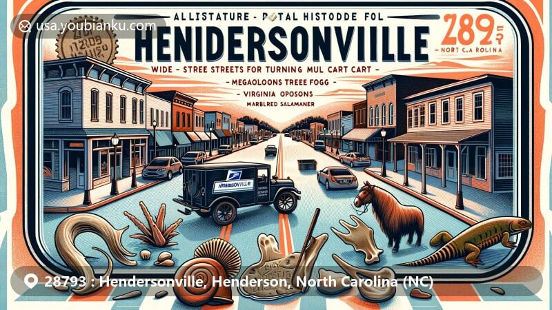 Modern illustration of Hendersonville, Henderson County, North Carolina, displaying historic main street and North Carolina symbols, celebrating 175th anniversary with unique local history.