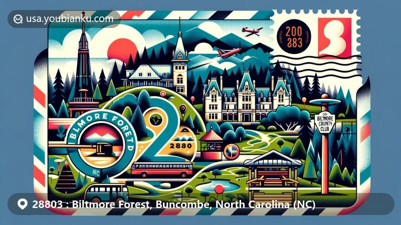 Modern illustration of Biltmore Forest, Buncombe County, North Carolina, showcasing postal theme with ZIP code 28803, featuring Mountains-to-Sea Trail, Biltmore Forest Country Club, Pisgah National Forest, and North Carolina Arboretum.