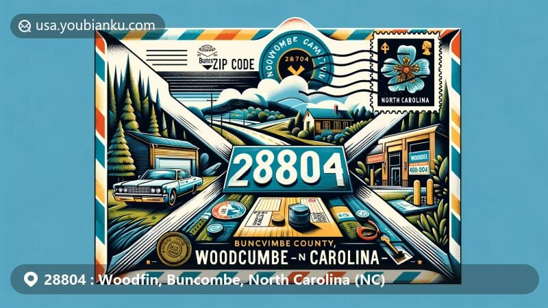 Modern illustration of Woodfin, Buncombe, North Carolina, showcasing postal theme with ZIP code 28804, featuring Buncombe Turnpike, French Broad River, and North Carolina state symbols.