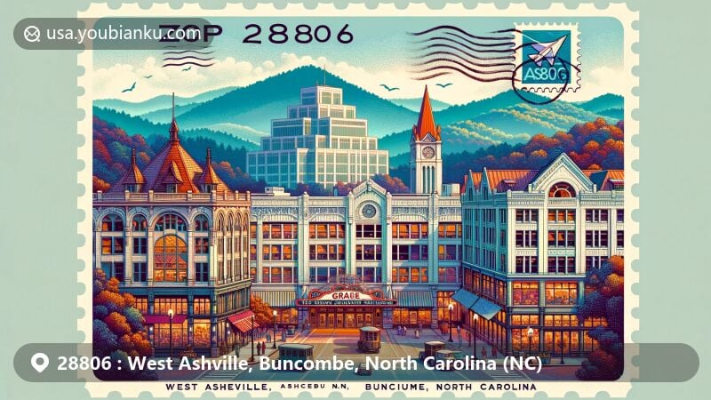 Modern illustration of West Asheville, Buncombe County, North Carolina, resembling a postcard or air mail envelope. Features Grove Arcade and Flatiron Building, iconic landmarks with rich cultural significance. Includes postal elements and ZIP code 28806.
