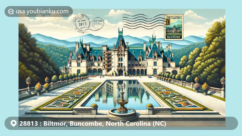 Modern illustration of Biltmore Estate, Buncombe, North Carolina, styled as a vintage postcard, featuring Blue Ridge Mountains and Italian Garden, with a vintage air mail envelope border showcasing ZIP code 28813 and 'Biltmore, Buncombe, NC'.