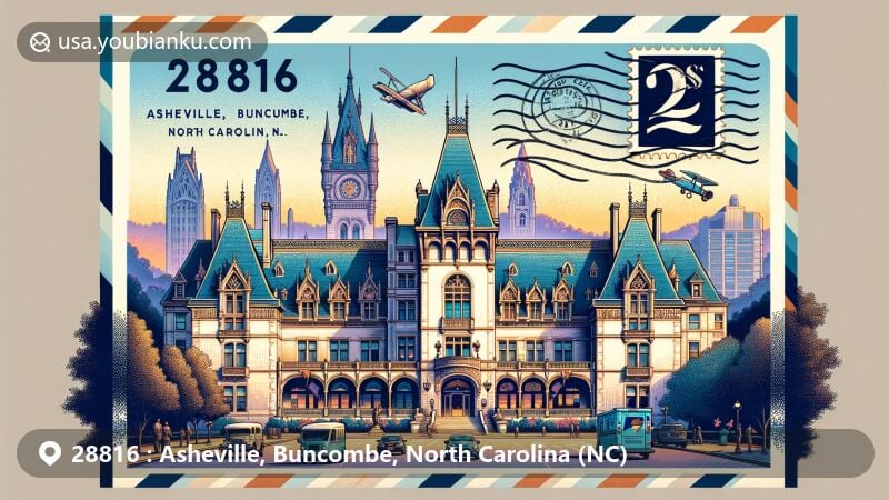Modern illustration of ZIP Code 28816, Asheville, Buncombe, North Carolina, featuring Biltmore Estate, Grove Arcade, Flatiron Building, WNC Veterans Memorial, and Blackwell Memorial, with subtle nods to the city's history and rivers.