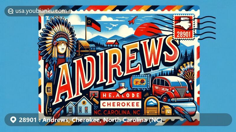 Colorful illustration of Andrews, Cherokee, North Carolina, highlighting ZIP code 28901, featuring Appalachian Mountains, Cherokee heritage, Nantahala National Forest, and North Carolina state flag.