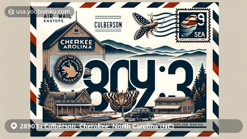 Modern illustration of Culberson, Cherokee County, North Carolina, showcasing air mail envelope design with ZIP code 28903, featuring North Carolina state flag, Great Smoky Mountains National Park, and post office building.