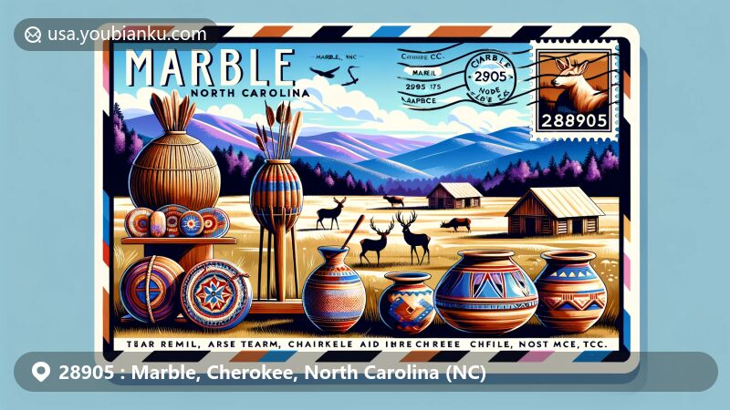 Modern illustration of Marble, North Carolina, showcasing ZIP code area 28905, featuring Blue Ridge Mountains, wildlife, and traditional Cherokee handcrafts like pottery and baskets.