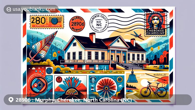 Modern illustration of Murphy, Cherokee County, North Carolina, featuring a postal theme with ZIP code 28906, displaying Cherokee County Historical Museum and local outdoor activity symbols.