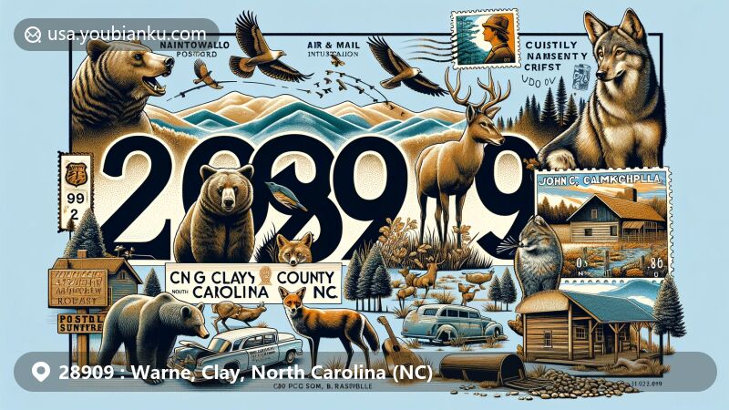 Modern illustration of Warne, Clay County, North Carolina, showcasing rural character and wildlife like bears, deer, foxes, and elk, with Blue Ridge Mountains and Nantahala National Forest. Includes John C. Campbell Folk School and postal theme with ZIP code 28909.