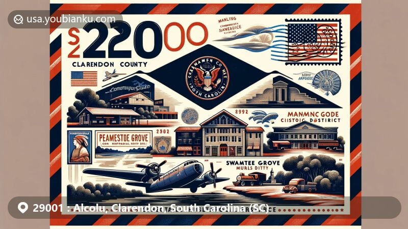 Modern illustration of Alcolu, Clarendon County, South Carolina, featuring vintage airmail envelope with ZIP code 29001, showcasing town's history and cultural landmarks like Alcolu Post Office, Pleasant Grove School, Manning Commercial Historic District, Santee Indian Mound, Fort Watson, Swamp Fox Murals Trail, Santee Canal, 'babbit' coins, and George Stinney.