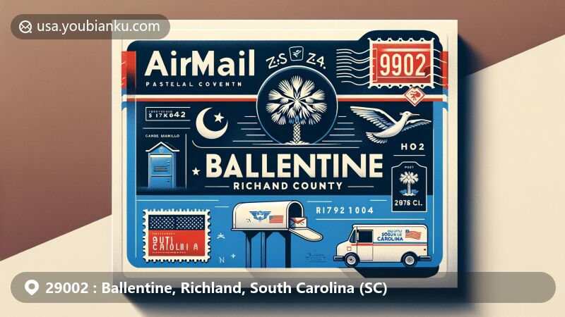 Modern illustration of Ballentine, Richland County, South Carolina, showcasing postal theme with ZIP code 29002, featuring South Carolina state flag colors with palmetto tree and crescent, postage stamp, mailbox, and mail truck.