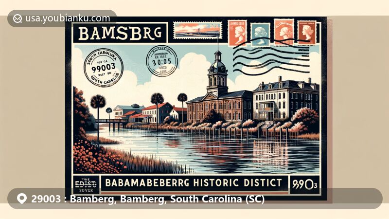 Modern illustration of Bamberg, South Carolina, showcasing historic buildings in Bamberg Historic District, blackwater of Edisto River, and postal elements like stamps and postmark with ZIP code 29003.