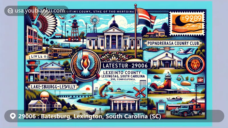 Vibrant illustration of ZIP Code 29006, Batesburg-Leesville in Lexington County, South Carolina, featuring historical buildings, symbols of the poultry industry, and landmarks like Lake Murray and The Big Mo drive-in theater.