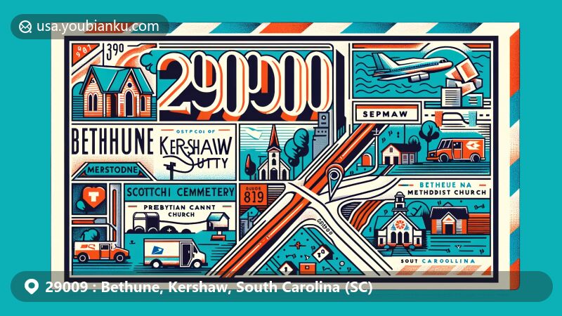 Modern illustration of Bethune, Kershaw, South Carolina, capturing postal theme with ZIP code 29009, showcasing landmarks like Scotch Cemetery, Bethune Presbyterian Church, Baptist Church, and Methodist Church.