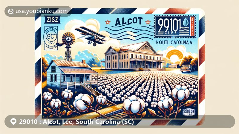 Modern illustration of Alcot, Lee County, South Carolina, showcasing postal theme with ZIP code 29010, featuring cotton field, South Carolina Cotton Museum, and Lee County Courthouse, set against a clear blue sky and fluffy clouds.