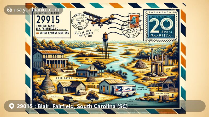 Modern illustration of Blair, Fairfield County, South Carolina, showcasing postal theme with ZIP code 29015, featuring Broad River, Fair View Plantation ruins, Shivar Springs Cisterns, and Blair Mound.