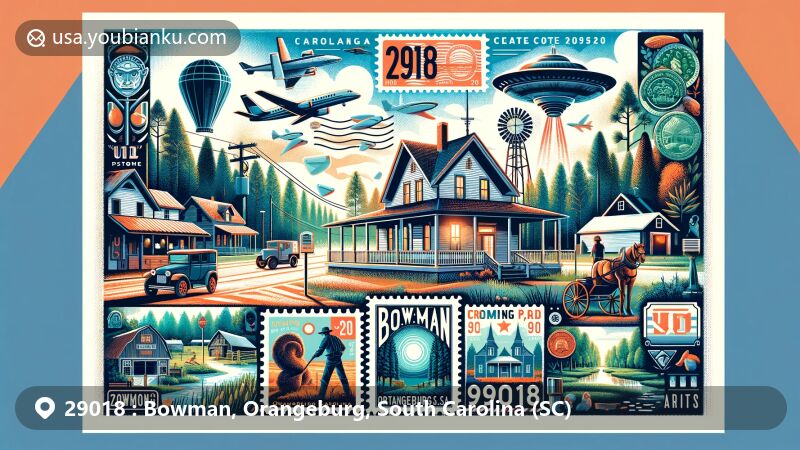 Vibrant illustration of Bowman, Orangeburg, South Carolina, combining local culture with postal elements, showcasing rural farmhouse, UFO Welcome Center, and nature park from Bowman, featuring ZIP Code 29018.